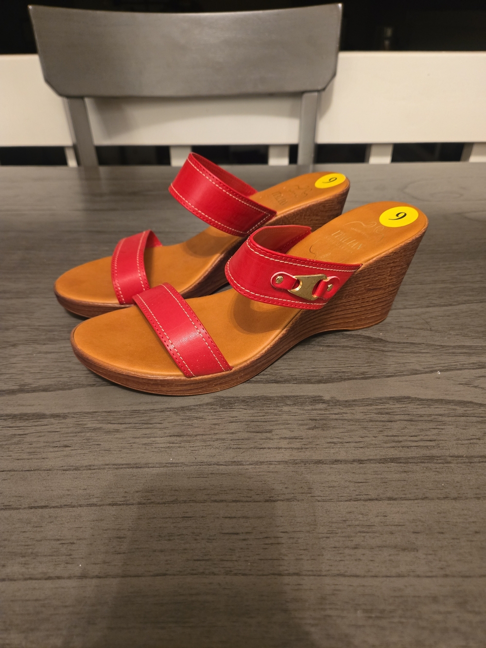 Italian Shoemakers Red Leather Wedge Sandals with Gold Accent